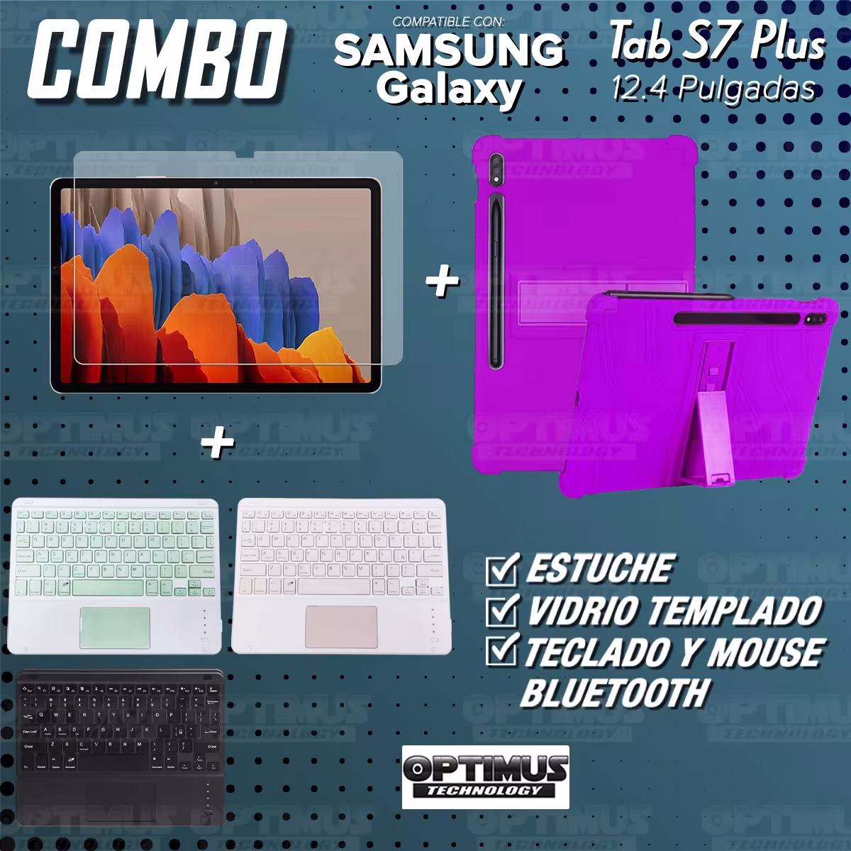 Kit Vidrio templado + Estuche Protector + Teclado con Mouse Touchpad Bluetooth Tablet Samsung Galaxy Tab S7 Plus 12.4 Pulgadas