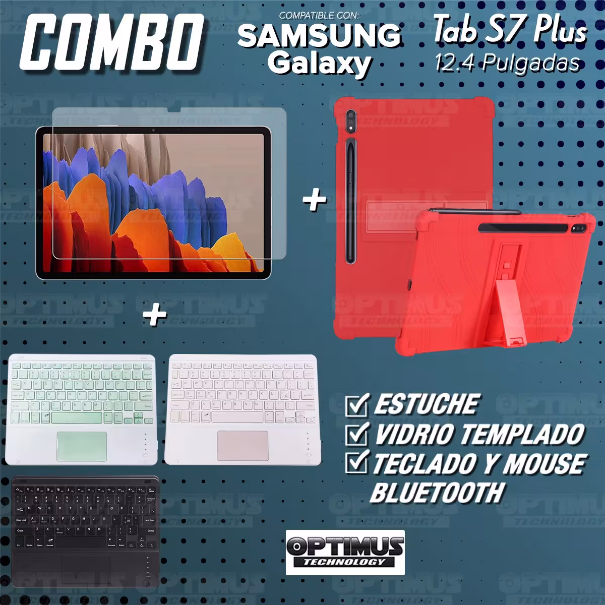 Kit Vidrio templado + Estuche Protector + Teclado con Mouse Touchpad Bluetooth Tablet Samsung Galaxy Tab S7 Plus 12.4 Pulgadas