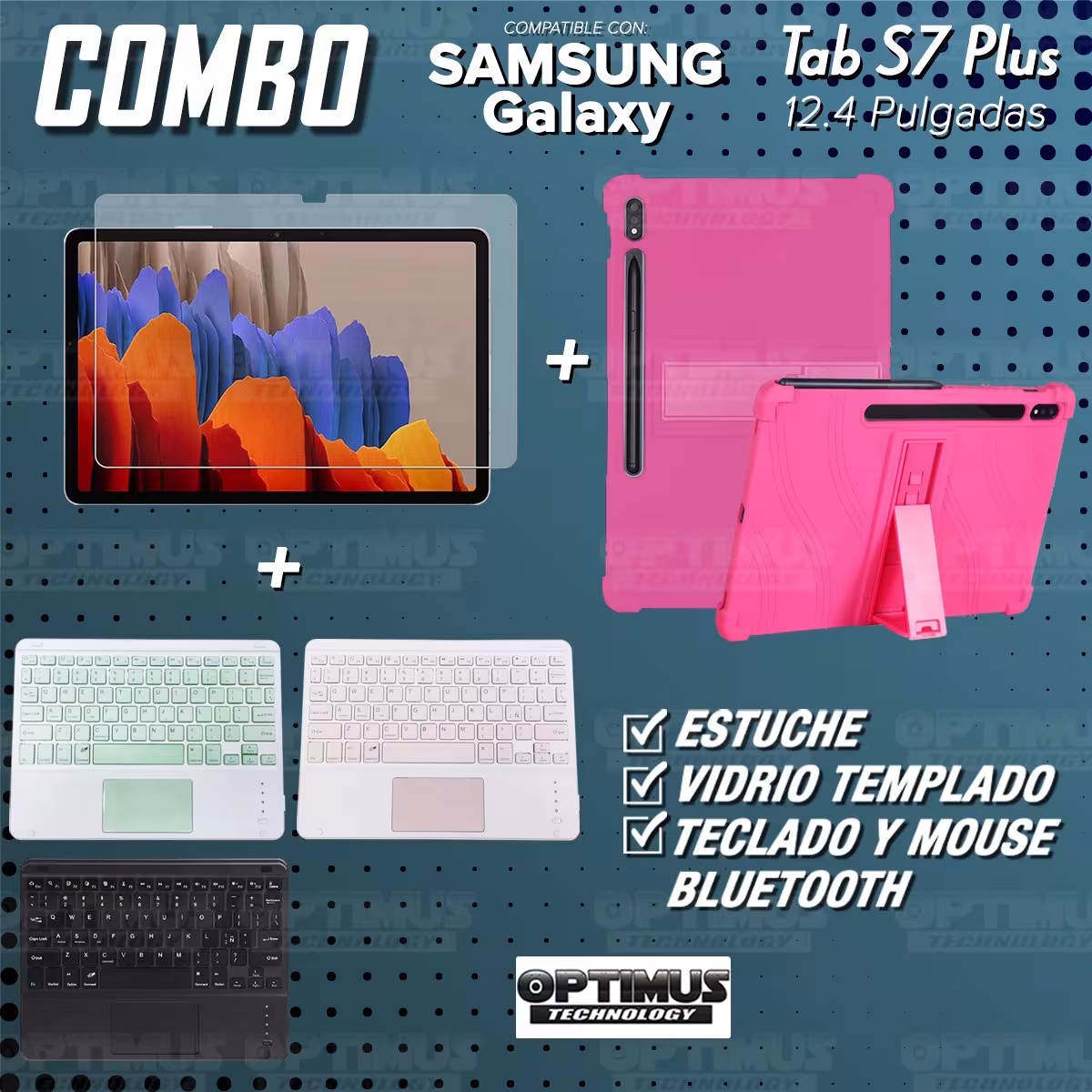 Kit Vidrio templado + Estuche Protector + Teclado con Mouse Touchpad Bluetooth Tablet Samsung Galaxy Tab S7 Plus 12.4 Pulgadas