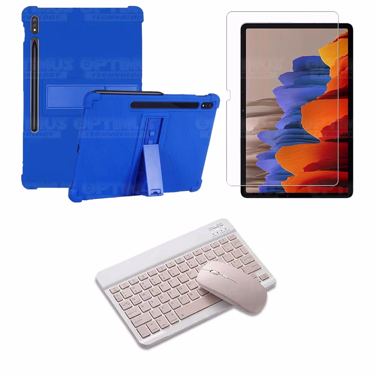 Kit Vidrio templado + Estuche Protector Goma + Teclado y Mouse Bluetooth para Tablet Samsung Galaxy Tab S7 Plus 12.4 Pulgadas OP