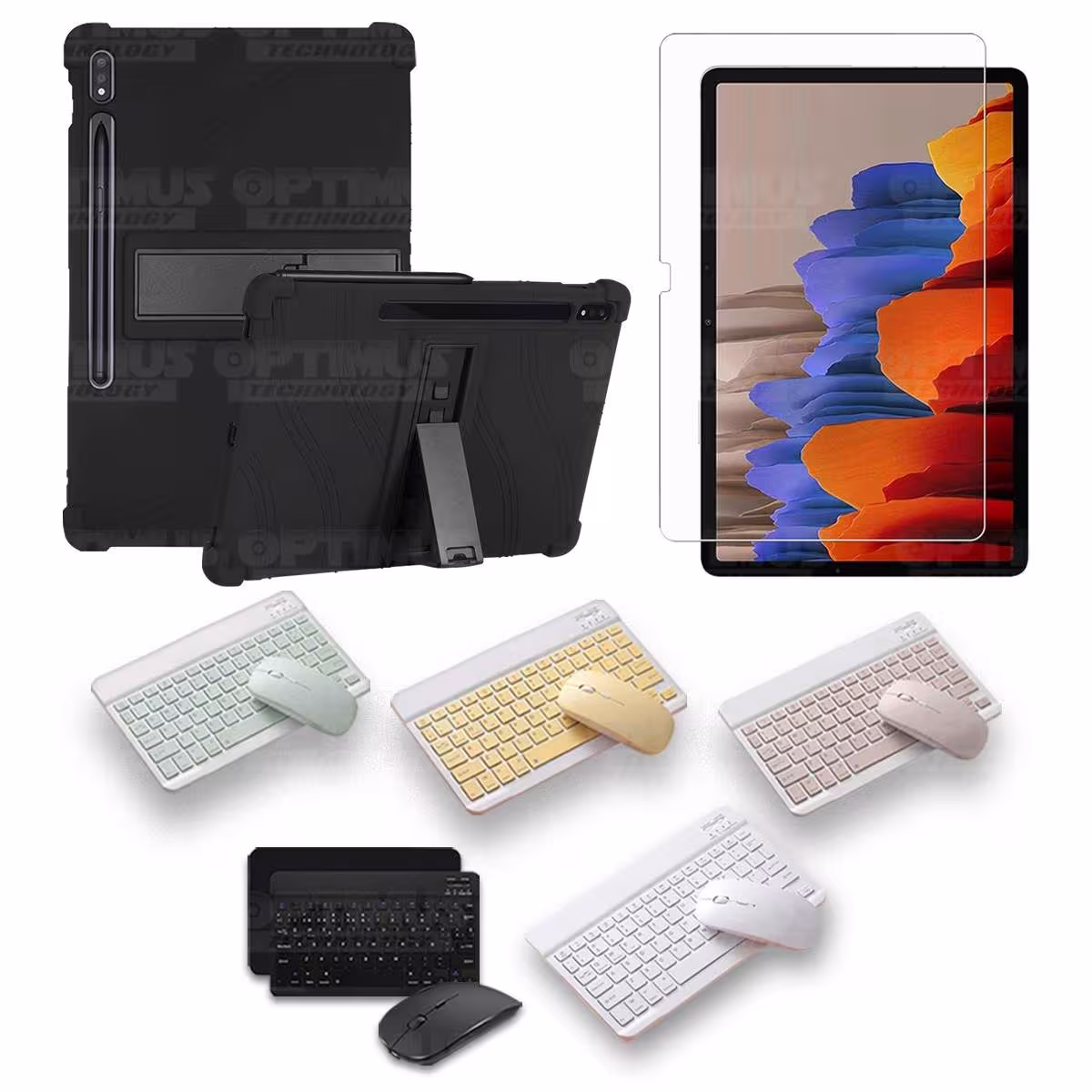 Kit Vidrio templado + Estuche Protector Goma + Teclado y Mouse Bluetooth para Tablet Samsung Galaxy Tab S7 Plus 12.4 Pulgadas OP