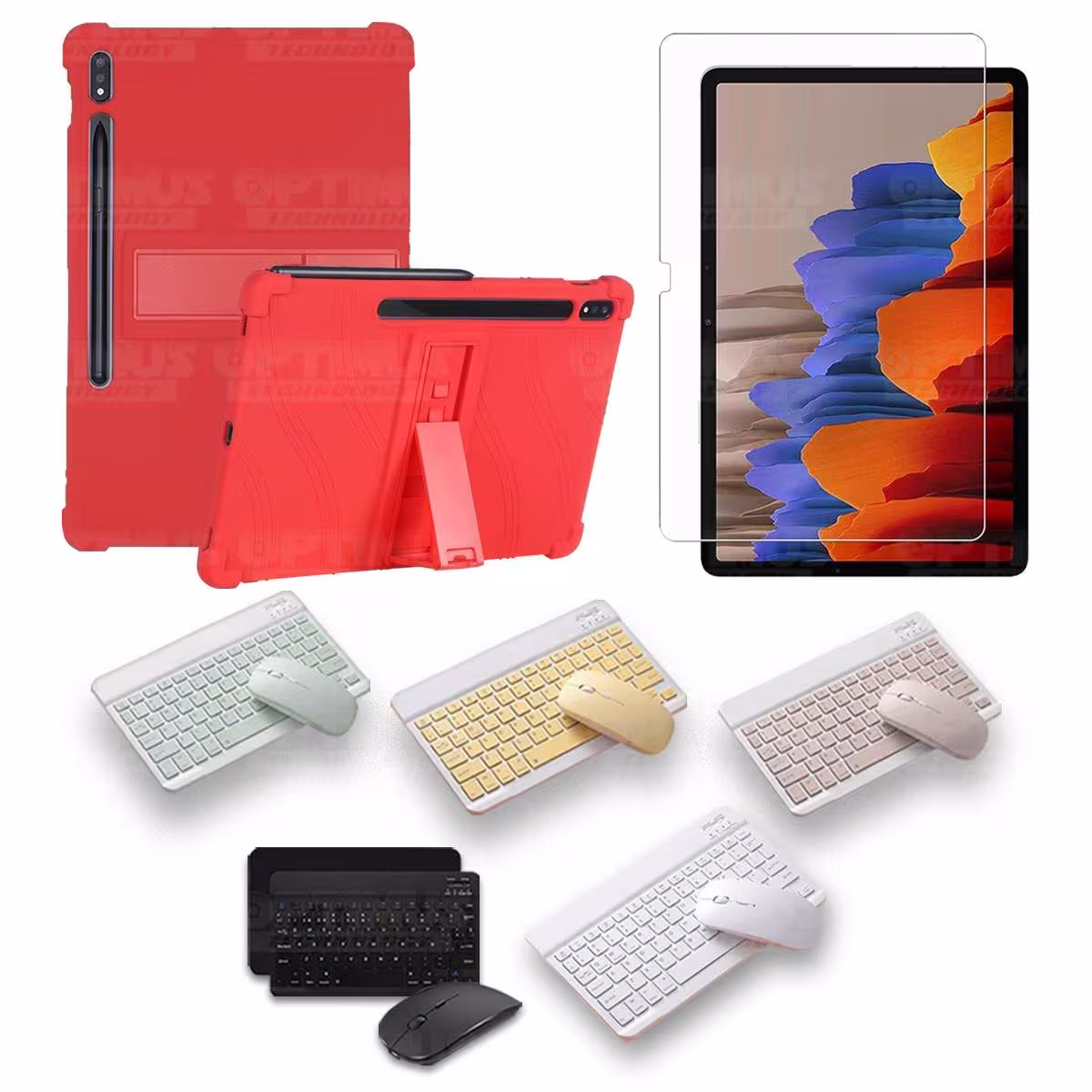 Kit Vidrio templado + Estuche Protector Goma + Teclado y Mouse Bluetooth para Tablet Samsung Galaxy Tab S7 Plus 12.4 Pulgadas OP