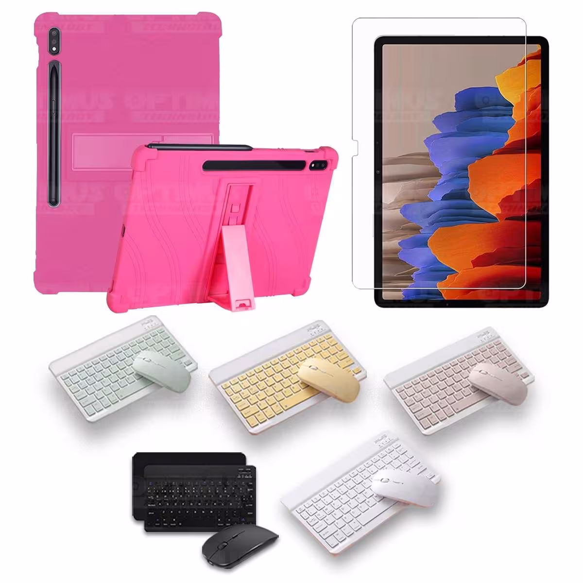 Kit Vidrio templado + Estuche Protector Goma + Teclado y Mouse Bluetooth para Tablet Samsung Galaxy Tab S7 Plus 12.4 Pulgadas OP