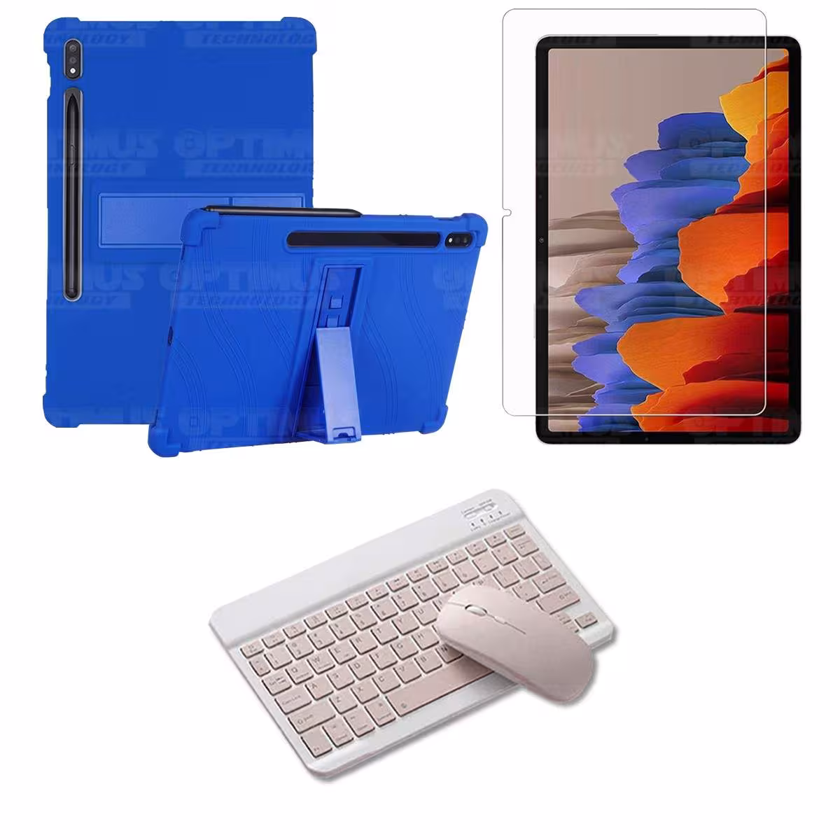 Kit Vidrio templado + Estuche Protector Goma + Teclado y Mouse Bluetooth para Tablet Samsung Galaxy Tab S7 Wifi 11 Pulgadas OPTI