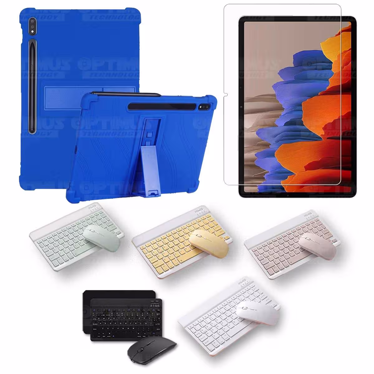 Kit Vidrio templado + Estuche Protector Goma + Teclado y Mouse Bluetooth para Tablet Samsung Galaxy Tab S7 Wifi 11 Pulgadas OPTI