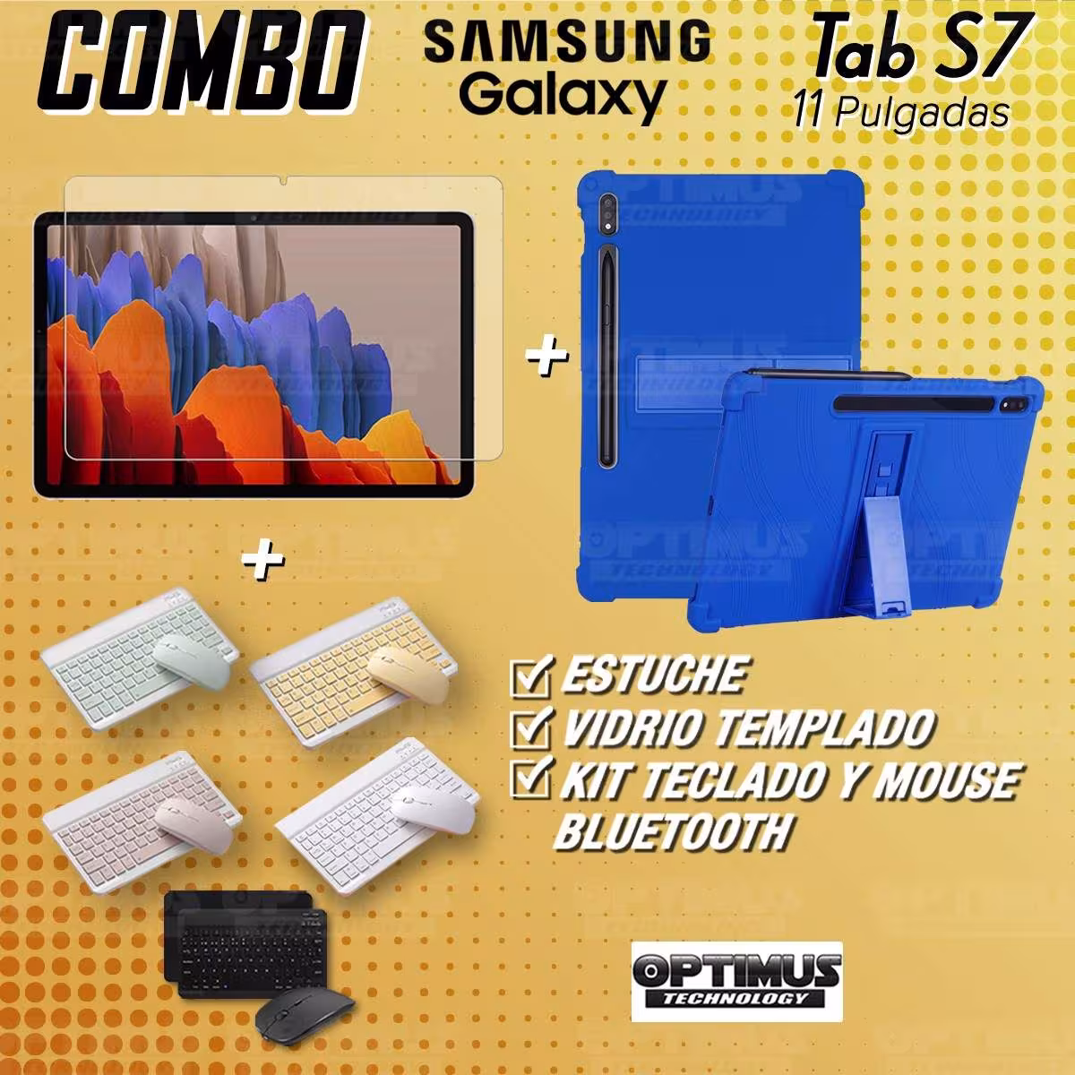 Kit Vidrio templado + Estuche Protector Goma + Teclado y Mouse Bluetooth para Tablet Samsung Galaxy Tab S7 Wifi 11 Pulgadas OPTI