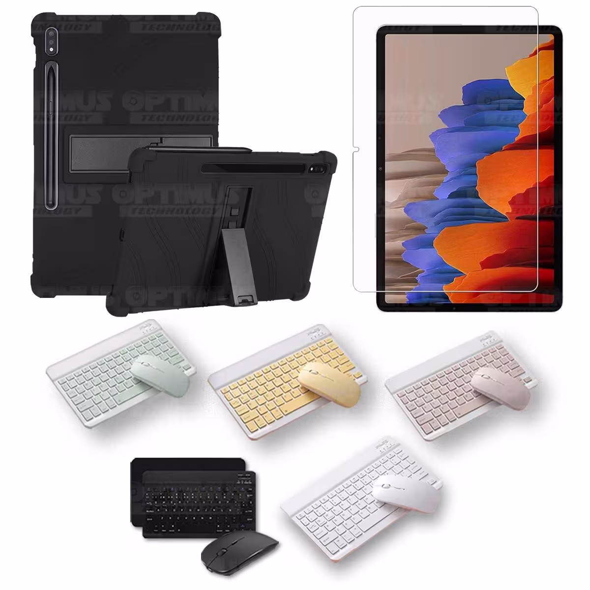 Kit Vidrio templado + Estuche Protector Goma + Teclado y Mouse Bluetooth para Tablet Samsung Galaxy Tab S7 Wifi 11 Pulgadas OPTI