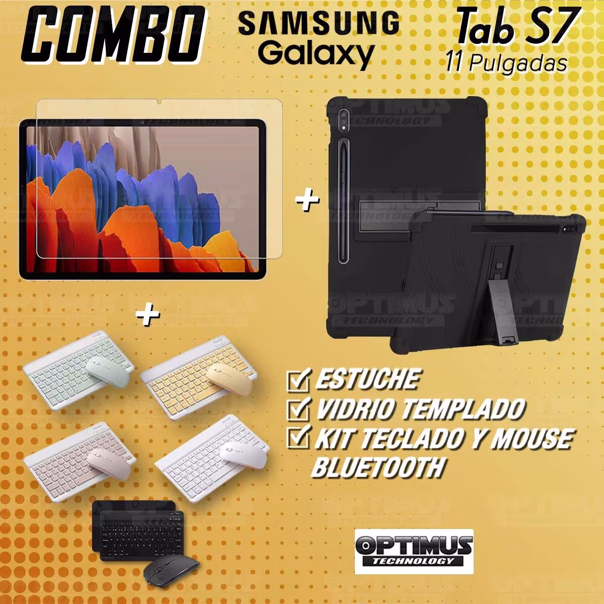 Kit Vidrio templado + Estuche Protector Goma + Teclado y Mouse Bluetooth para Tablet Samsung Galaxy Tab S7 Wifi 11 Pulgadas OPTI