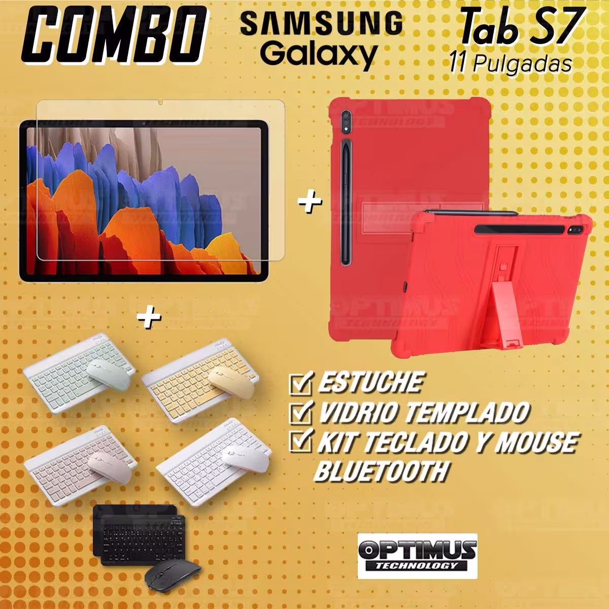 Kit Vidrio templado + Estuche Protector Goma + Teclado y Mouse Bluetooth para Tablet Samsung Galaxy Tab S7 Wifi 11 Pulgadas OPTI