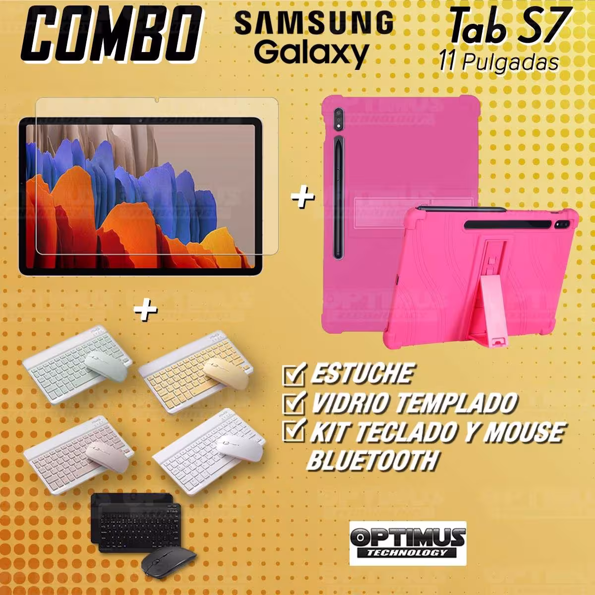 Kit Vidrio templado + Estuche Protector Goma + Teclado y Mouse Bluetooth para Tablet Samsung Galaxy Tab S7 Wifi 11 Pulgadas OPTI