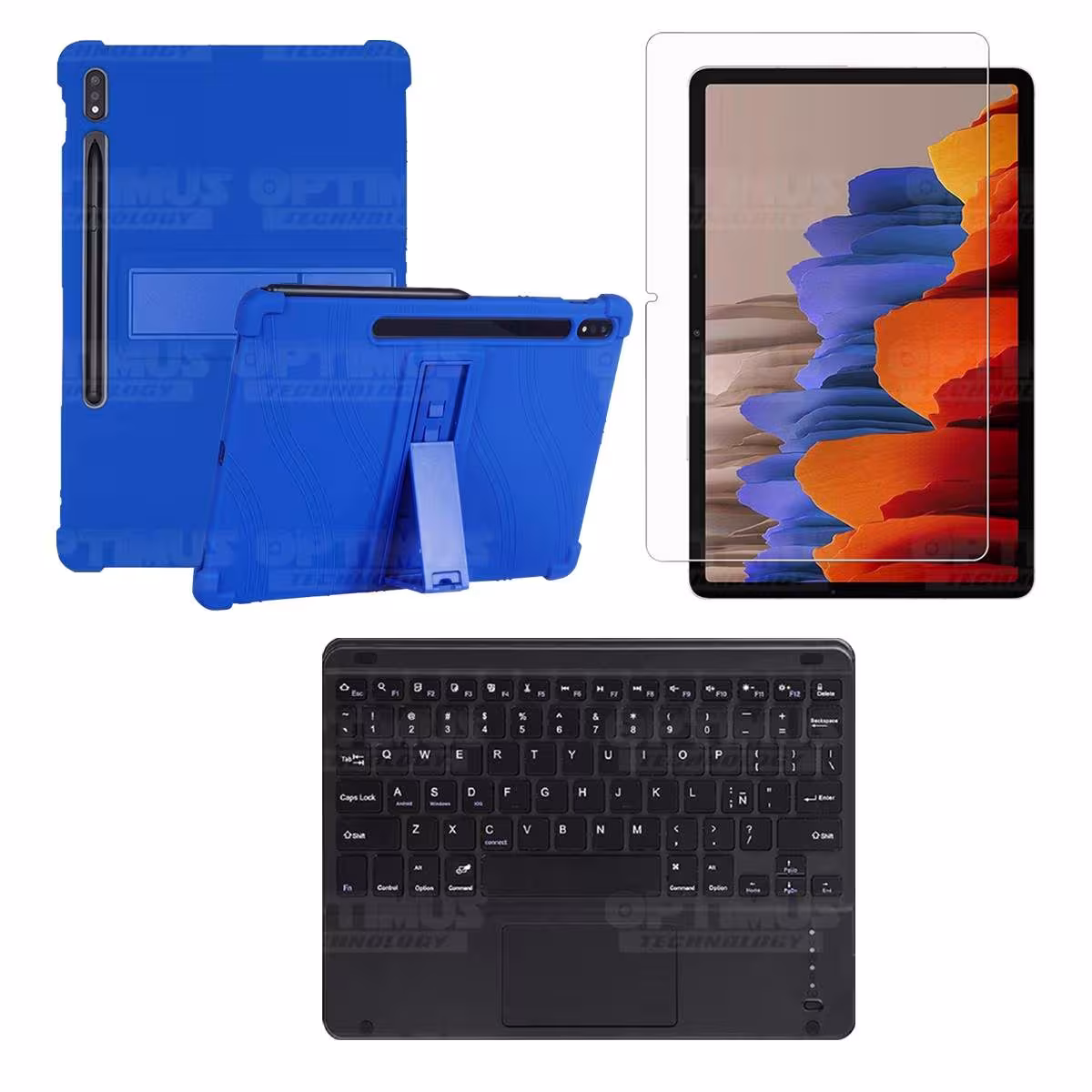 Kit Vidrio templado + Estuche Protector + Teclado con Mouse Touchpad Bluetooth Tablet Samsung Galaxy Tab S7 Wifi 11 Pulgadas OPT