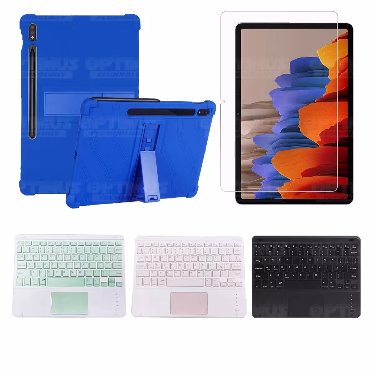 Kit Vidrio templado + Estuche Protector + Teclado con Mouse Touchpad Bluetooth Tablet Samsung Galaxy Tab S7 Wifi 11 Pulgadas OPT