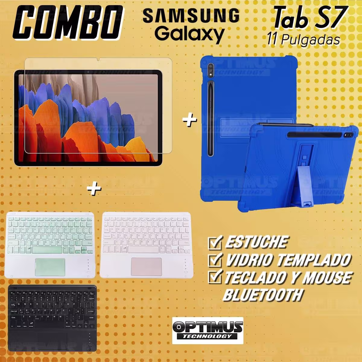 Kit Vidrio templado + Estuche Protector + Teclado con Mouse Touchpad Bluetooth Tablet Samsung Galaxy Tab S7 Wifi 11 Pulgadas OPT