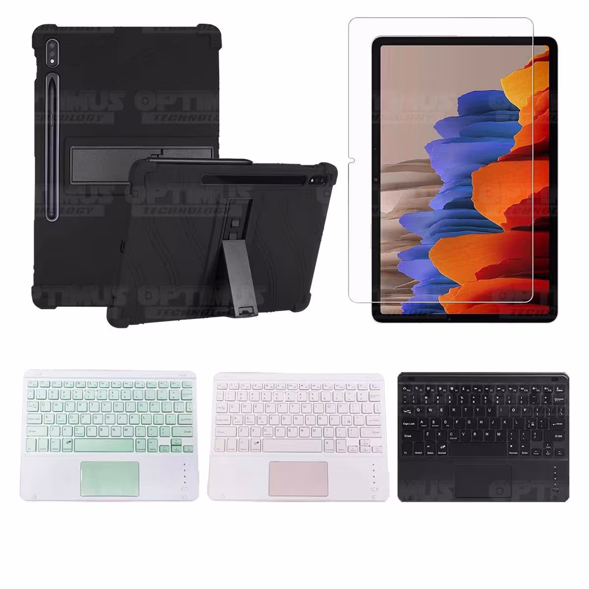 Kit Vidrio templado + Estuche Protector + Teclado con Mouse Touchpad Bluetooth Tablet Samsung Galaxy Tab S7 Wifi 11 Pulgadas OPT