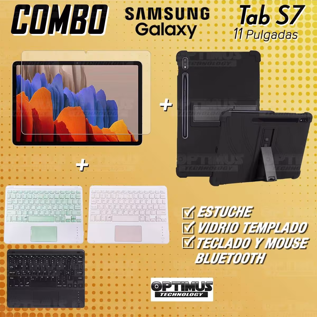 Kit Vidrio templado + Estuche Protector + Teclado con Mouse Touchpad Bluetooth Tablet Samsung Galaxy Tab S7 Wifi 11 Pulgadas OPT
