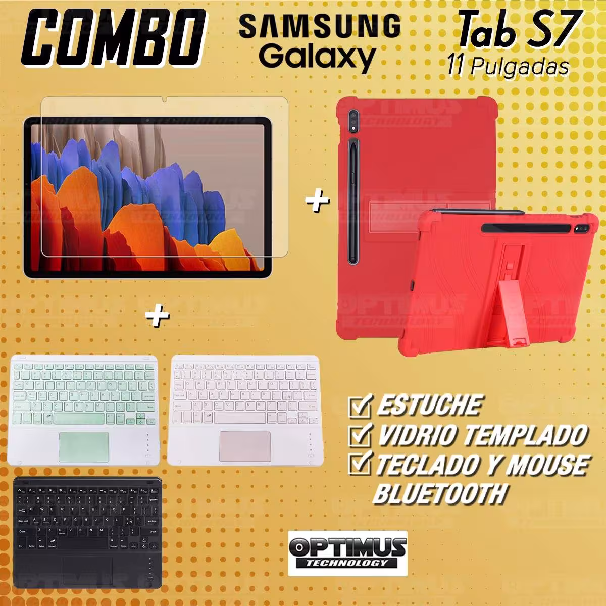 Kit Vidrio templado + Estuche Protector + Teclado con Mouse Touchpad Bluetooth Tablet Samsung Galaxy Tab S7 Wifi 11 Pulgadas OPT