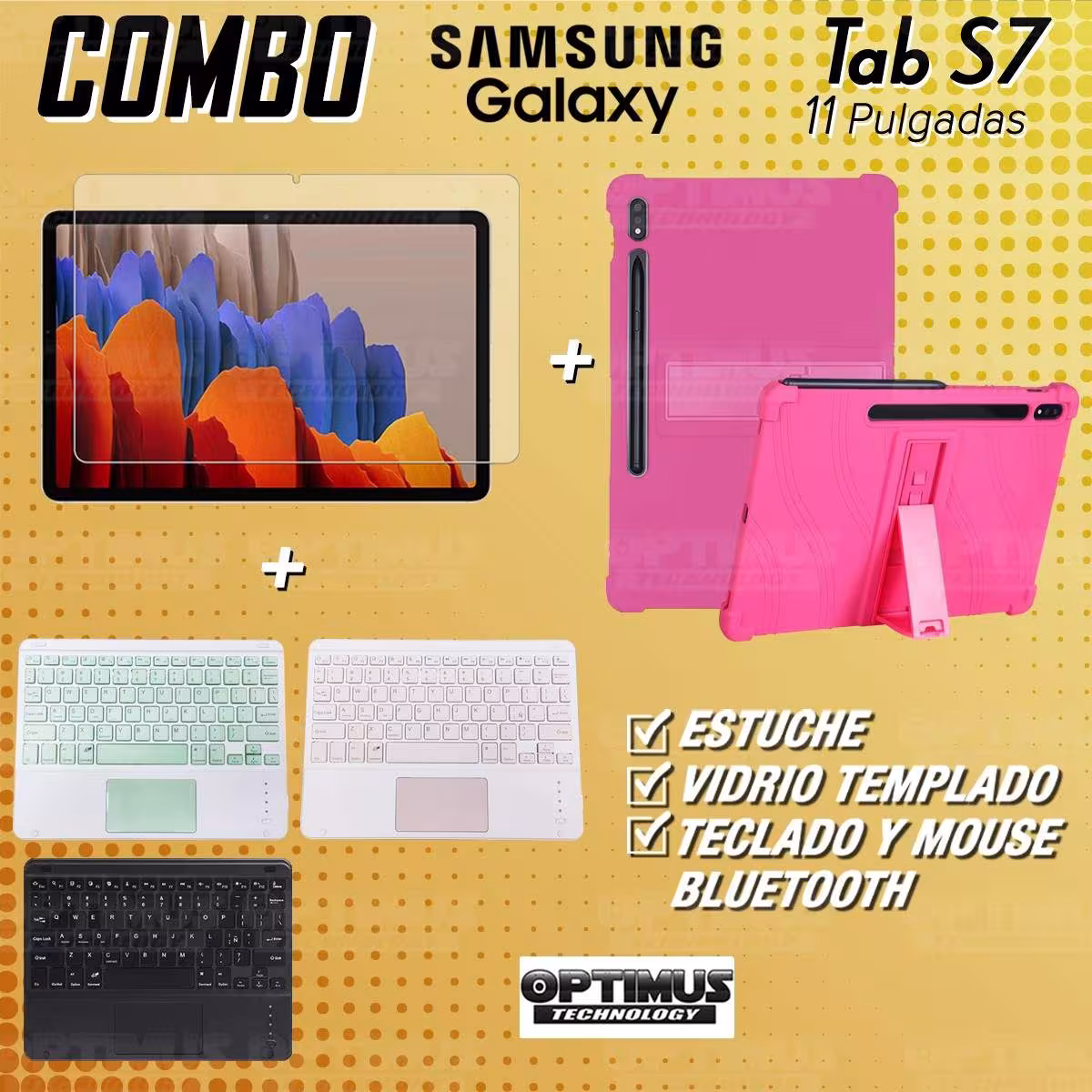 Kit Vidrio templado + Estuche Protector + Teclado con Mouse Touchpad Bluetooth Tablet Samsung Galaxy Tab S7 Wifi 11 Pulgadas OPT