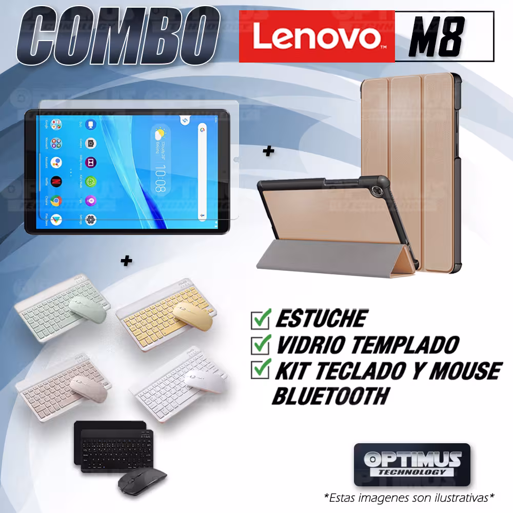 Kit Vidrio templado + Case Forro Protector + Teclado y Mouse Bluetooth para Tablet Lenovo Tab M8 8505x / x8505f OPTIMUS TECHNOLO