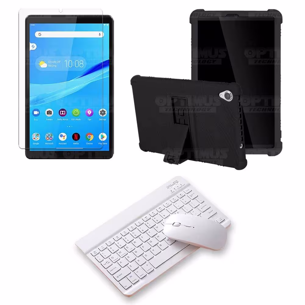 Kit Vidrio templado + Estuche Protector Goma + Teclado y Mouse Bluetooth para Tablet Lenovo Tab M8 8505x / x8505f OPTIMUS TECHNO