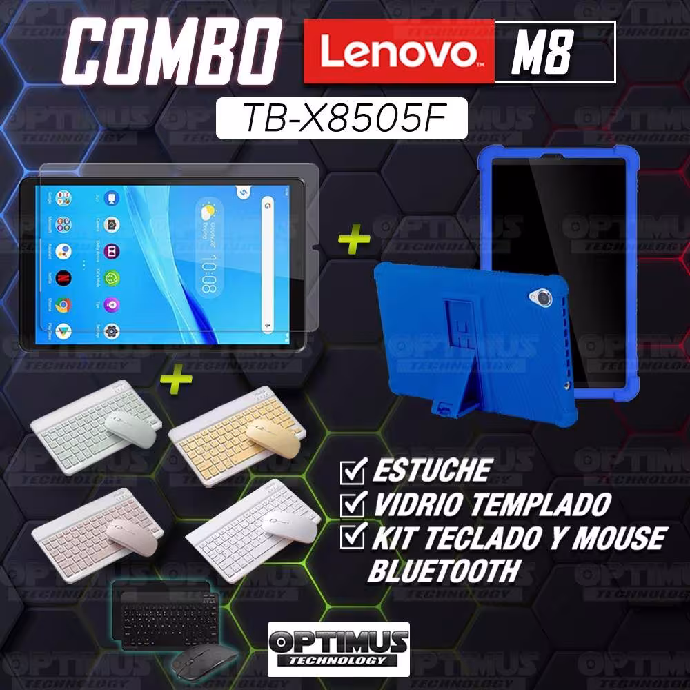Kit Vidrio templado + Estuche Protector Goma + Teclado y Mouse Bluetooth para Tablet Lenovo Tab M8 8505x / x8505f OPTIMUS TECHNO