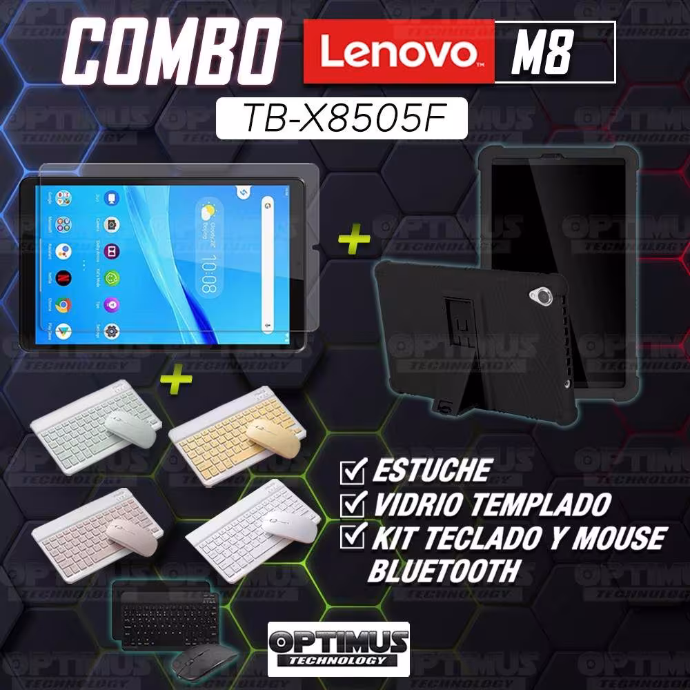 Kit Vidrio templado + Estuche Protector Goma + Teclado y Mouse Bluetooth para Tablet Lenovo Tab M8 8505x / x8505f OPTIMUS TECHNO
