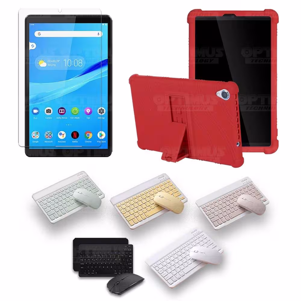 Kit Vidrio templado + Estuche Protector Goma + Teclado y Mouse Bluetooth para Tablet Lenovo Tab M8 8505x / x8505f OPTIMUS TECHNO