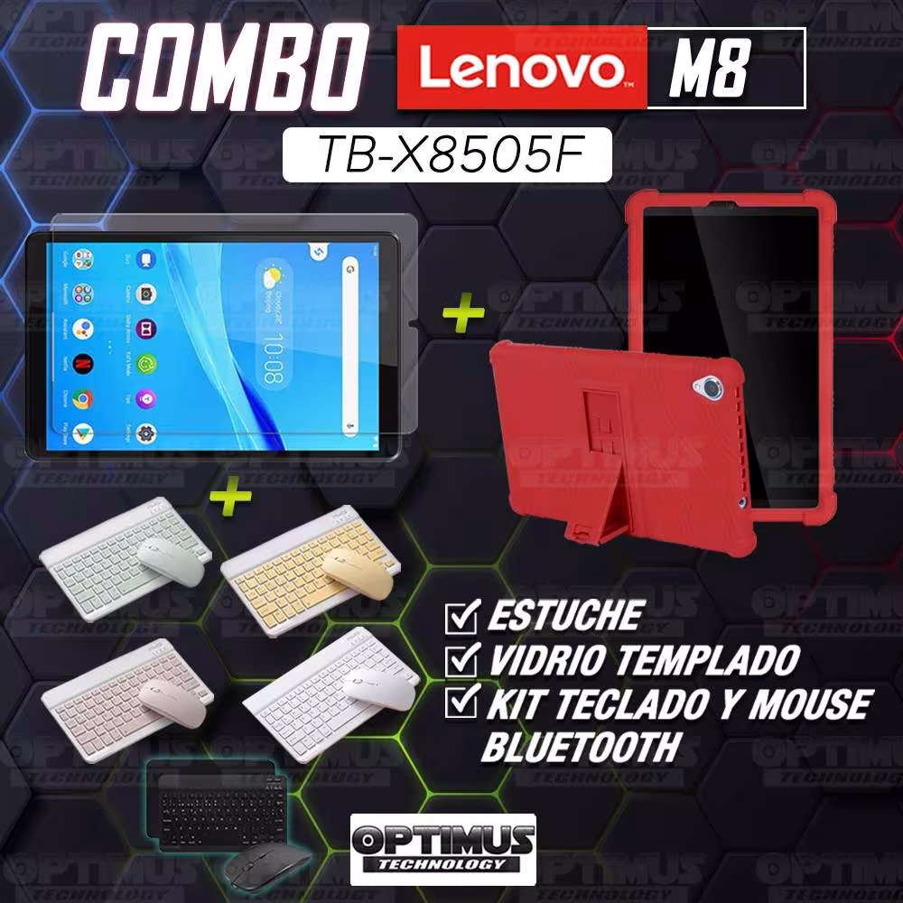 Kit Vidrio templado + Estuche Protector Goma + Teclado y Mouse Bluetooth para Tablet Lenovo Tab M8 8505x / x8505f OPTIMUS TECHNO