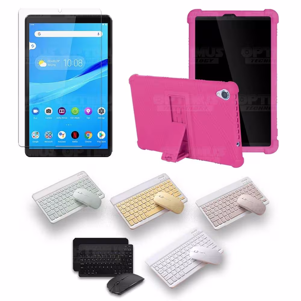 Kit Vidrio templado + Estuche Protector Goma + Teclado y Mouse Bluetooth para Tablet Lenovo Tab M8 8505x / x8505f OPTIMUS TECHNO