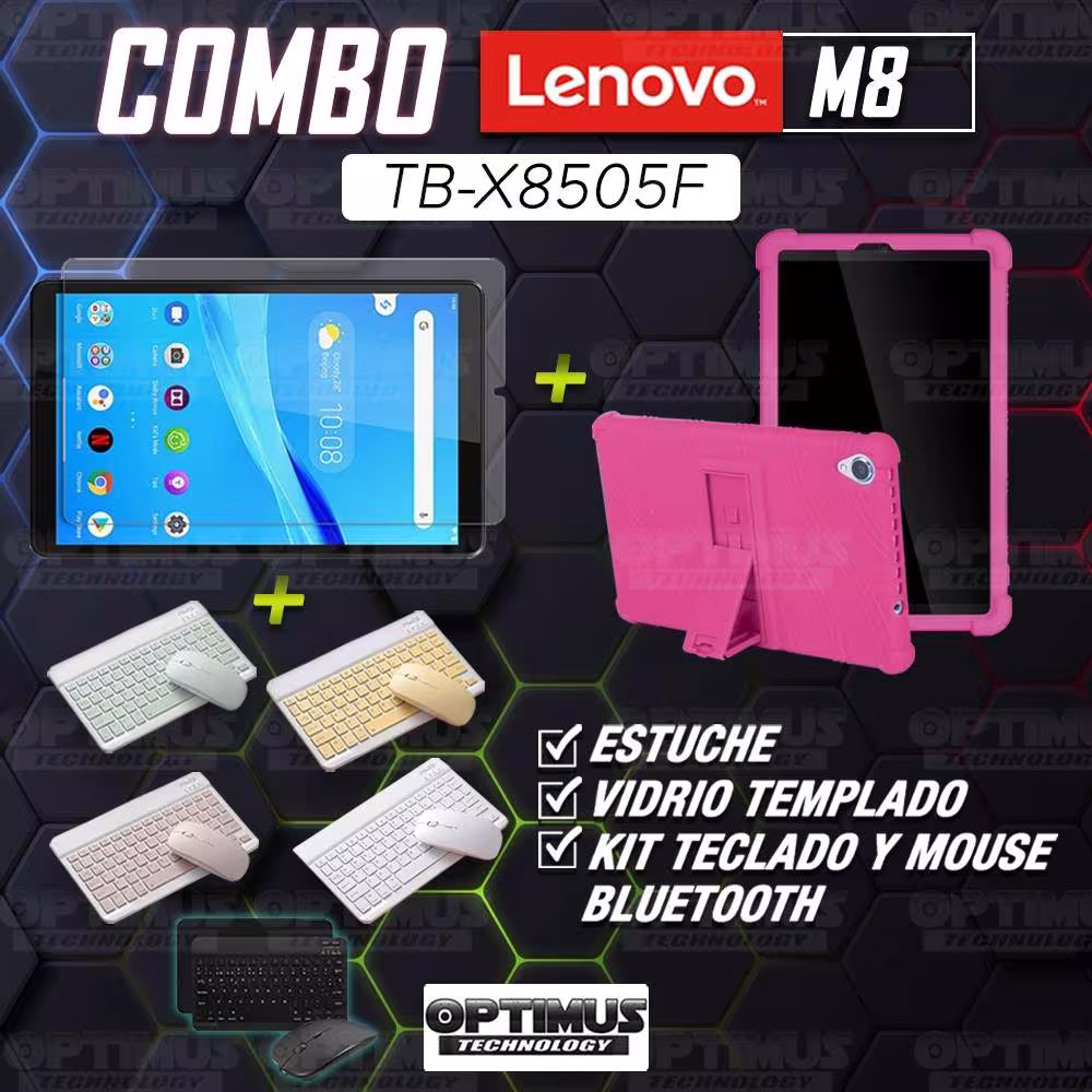 Kit Vidrio templado + Estuche Protector Goma + Teclado y Mouse Bluetooth para Tablet Lenovo Tab M8 8505x / x8505f OPTIMUS TECHNO