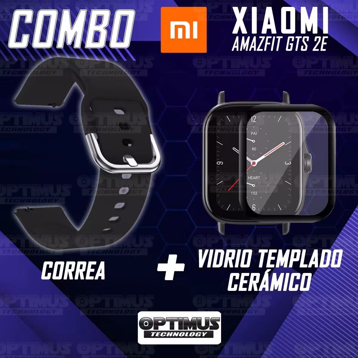 Kit Pulso Correa Y Vidrio Templado Nanoglass Protector Para Reloj Xiaomi Amazfit GTS 2E OPTIMUS TECHNOLOGY™ - 22
