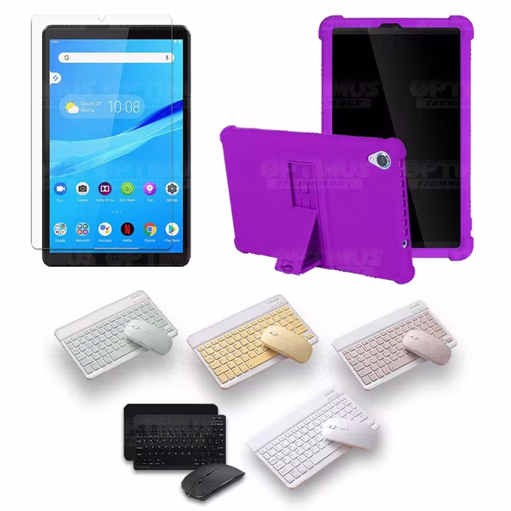Kit Vidrio templado + Estuche Protector Goma + Teclado y Mouse Bluetooth para Tablet Lenovo Tab M8 8505x / x8505f OPTIMUS TECHNO