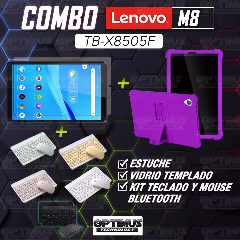 Kit Vidrio templado + Estuche Protector Goma + Teclado y Mouse Bluetooth para Tablet Lenovo Tab M8 8505x / x8505f OPTIMUS TECHNO