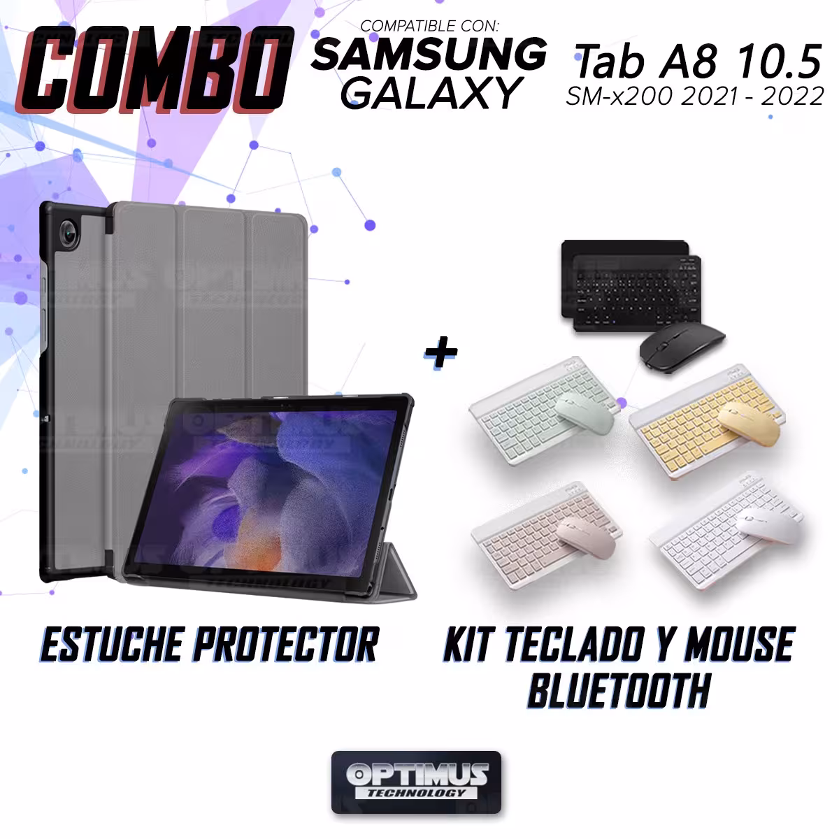 Kit Case Forro Protector + Teclado y Mouse Ratón Bluetooth para Tablet Samsung Galaxy Tab A8 10.5 2021 SM-x200, SM-x205