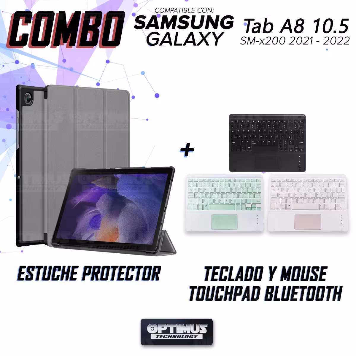 Kit Case Folio Protector + Teclado Mouse Touchpad Bluetooth para Tablet Samsung Galaxy Tab A8 10.5 2021 SM-x200, SM-x205