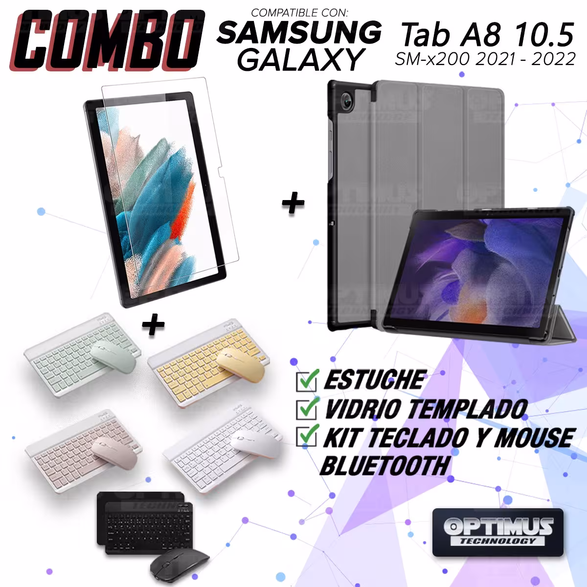 Kit Vidrio templado + Case Protector + Teclado y Mouse Bluetooth Tablet Samsung Galaxy Tab A8 10.5 2021 SM-x200, SM-x205
