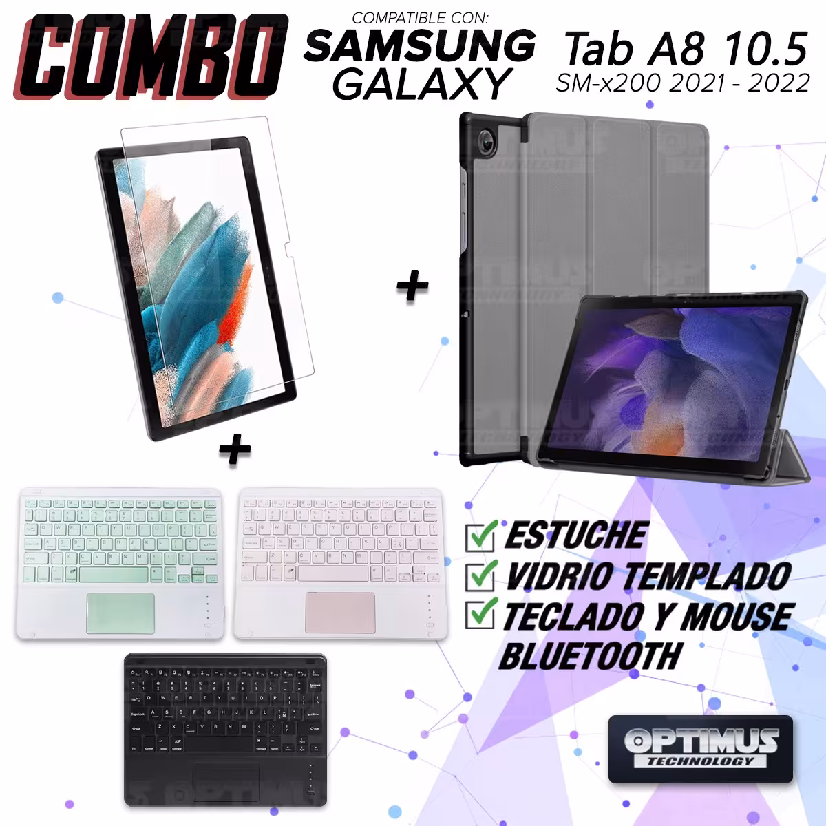 Kit Vidrio templado + Case Protector + Teclado Touchpad Bluetooth Tablet Samsung Galaxy Tab A8 10.5 2021 SM-x200, SM-x205
