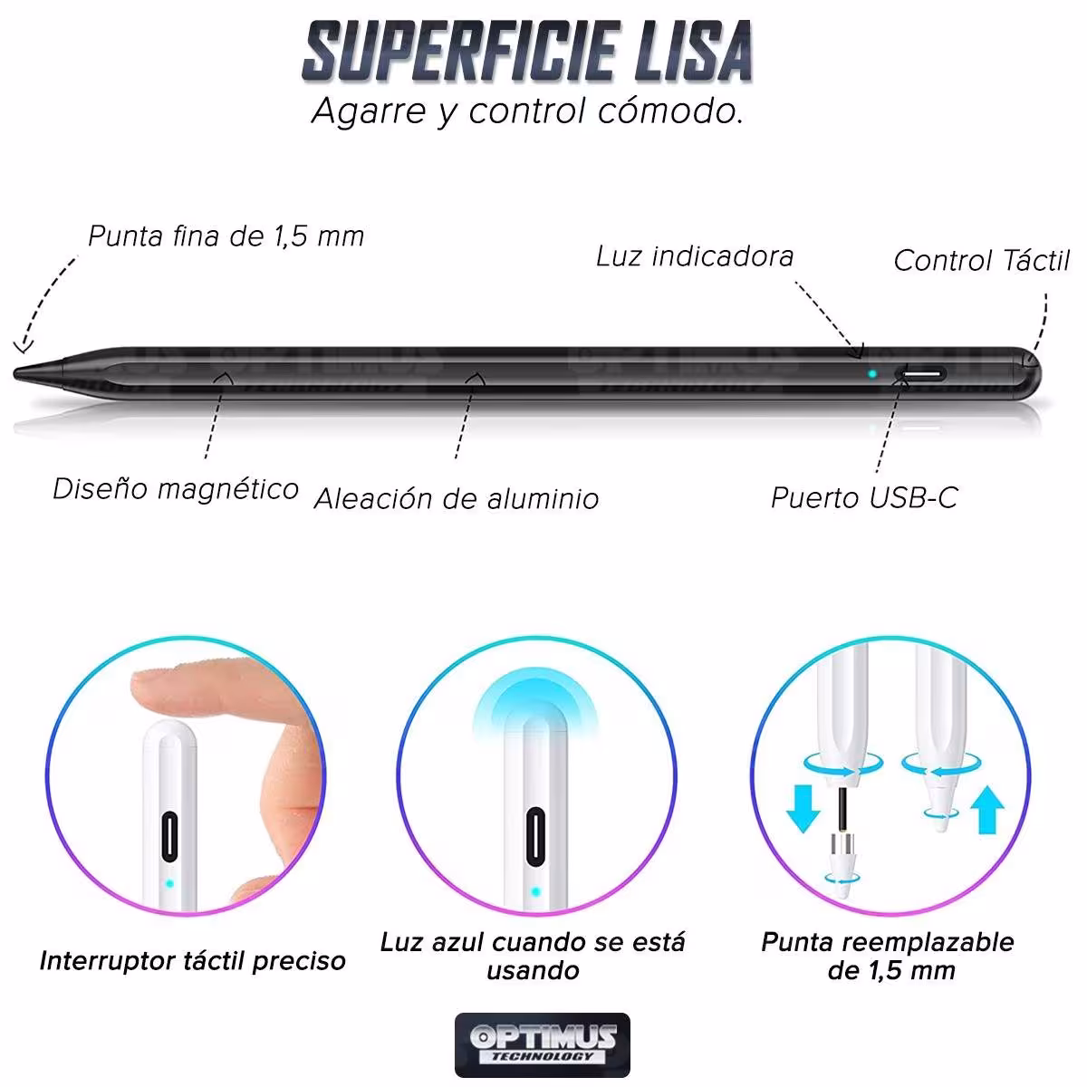 Lápiz óptico digital capacitivo activo Stylus Pen compatible con iOS para Tablets, celulares iPhone iPad Pro 2018 - 2022 OPTIMUS