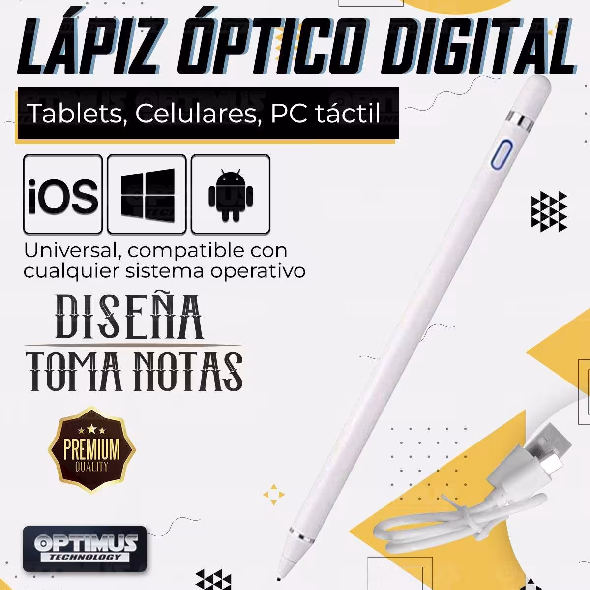 Lápiz óptico digital capacitivo activo Stylus Pen compatible con Android, iOS y Windows para Tablets, Celulares y PC Táctil OPTI