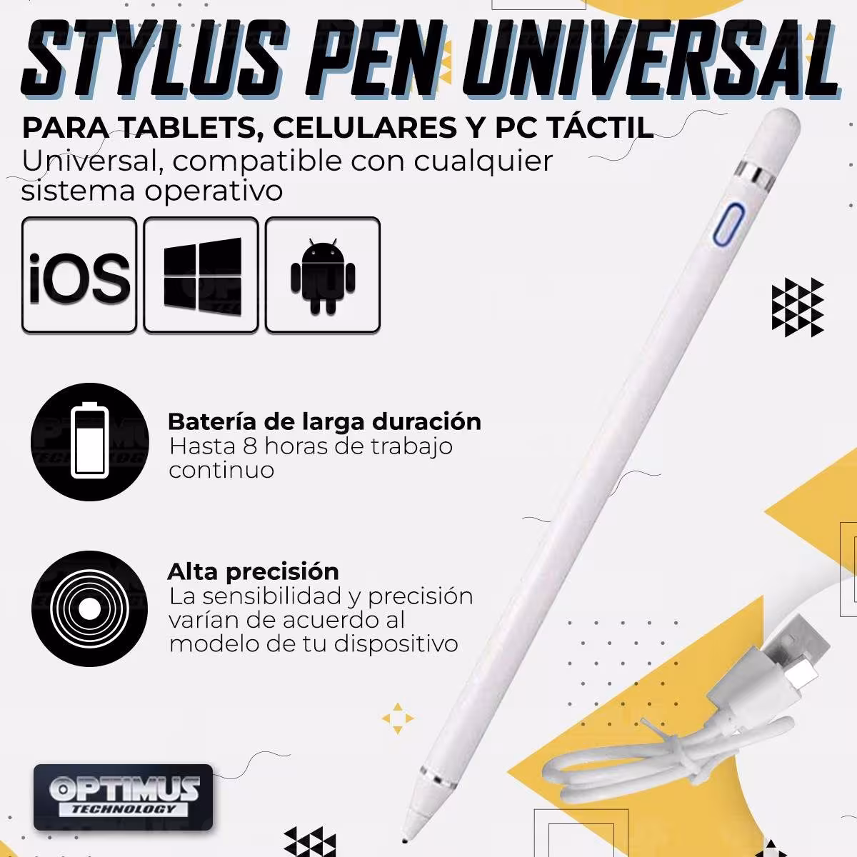 Lápiz óptico digital capacitivo activo Stylus Pen compatible con Android, iOS y Windows para Tablets, Celulares y PC Táctil OPTI