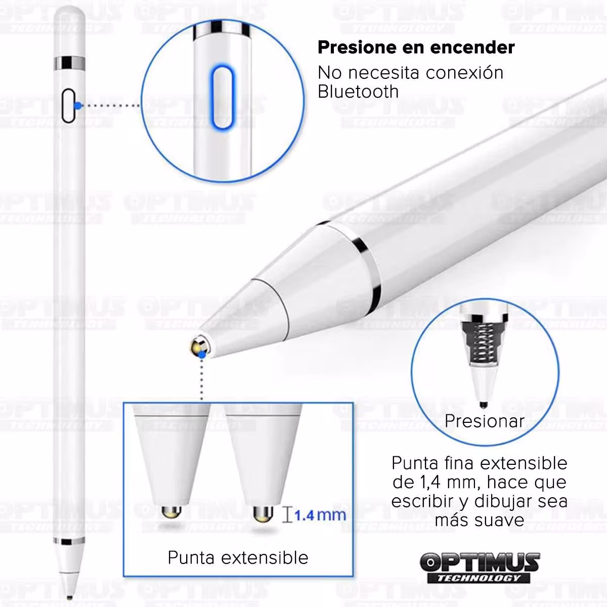 Lápiz óptico digital capacitivo activo Stylus Pen compatible con Android, iOS y Windows para Tablets, Celulares y PC Táctil OPTI