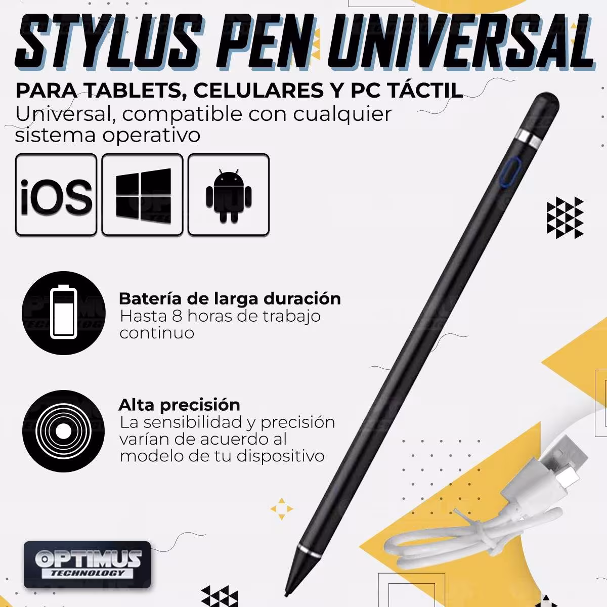 Lápiz óptico digital capacitivo activo Stylus Pen compatible con Android, iOS y Windows para Tablets, Celulares y PC Táctil OPTI