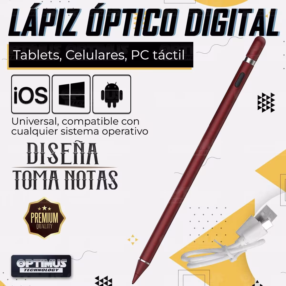 Lápiz óptico digital capacitivo activo Stylus Pen compatible con Android, iOS y Windows para Tablets, Celulares y PC Táctil OPTI