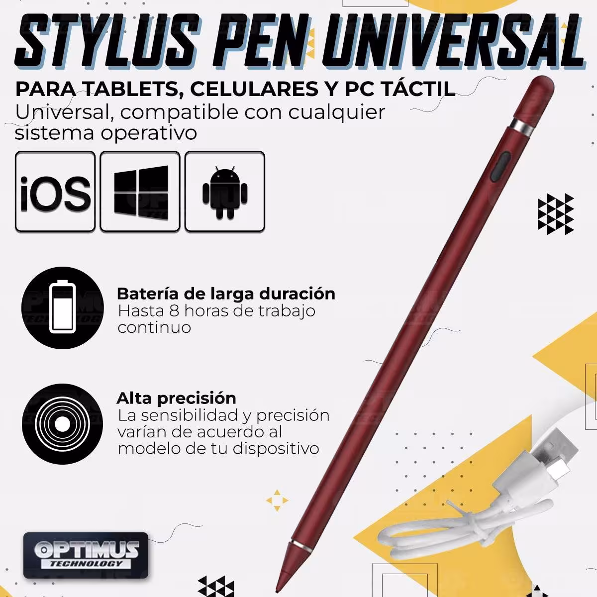 Lápiz óptico digital capacitivo activo Stylus Pen compatible con Android, iOS y Windows para Tablets, Celulares y PC Táctil OPTI