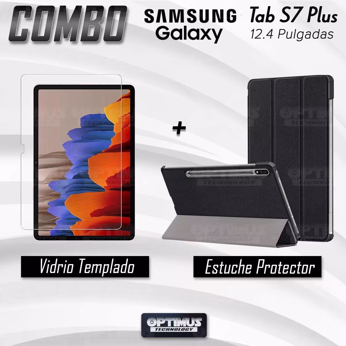 Kit Vidrio Cristal Templado Y Estuche Case Protector para Tablet Samsung Galaxy Tab S7 Plus SM-T970 12.4 Pulgadas 128GB OPTIMUS