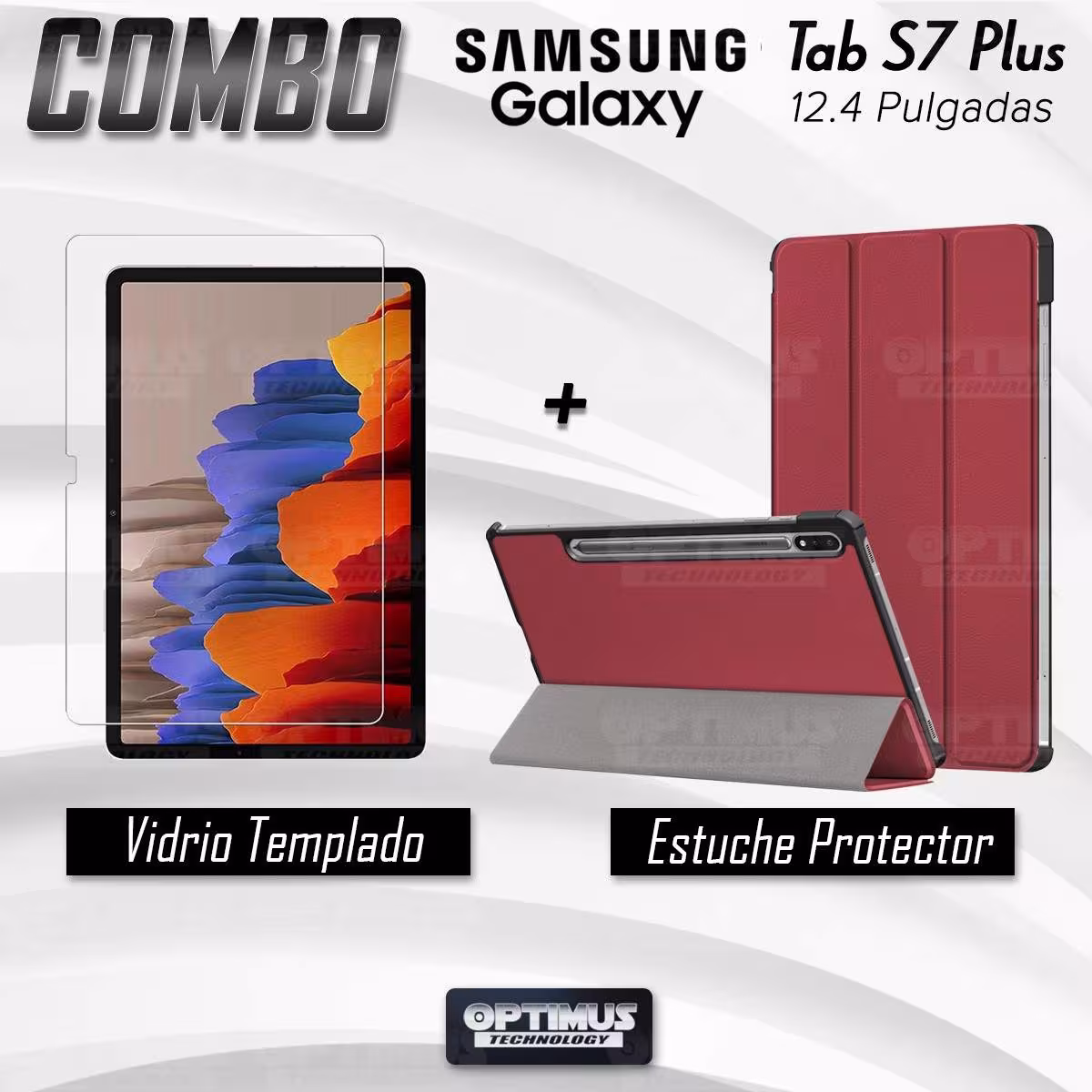 Kit Vidrio Cristal Templado Y Estuche Case Protector para Tablet Samsung Galaxy Tab S7 Plus SM-T970 12.4 Pulgadas 128GB OPTIMUS