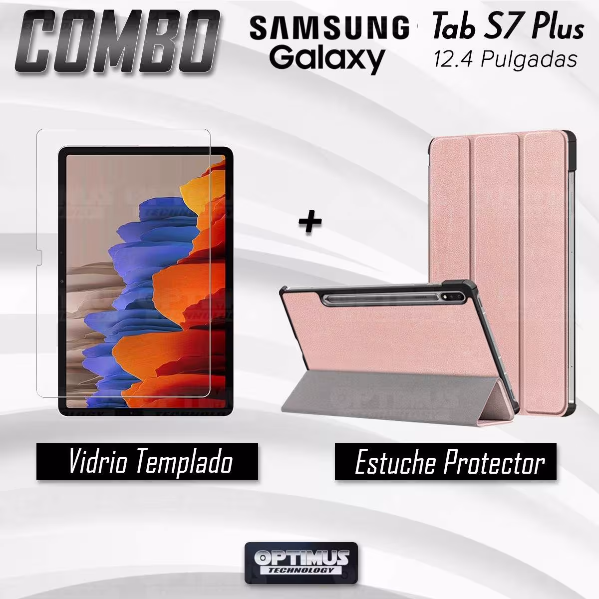 Kit Vidrio Cristal Templado Y Estuche Case Protector para Tablet Samsung Galaxy Tab S7 Plus SM-T970 12.4 Pulgadas 128GB OPTIMUS