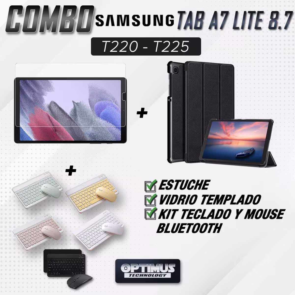 Kit Vidrio templado + Case Protector + Teclado y Mouse Bluetooth Tablet Samsung Galaxy Tab A7 Lite 8.7 2021 T220 - T225 OPTIMUS