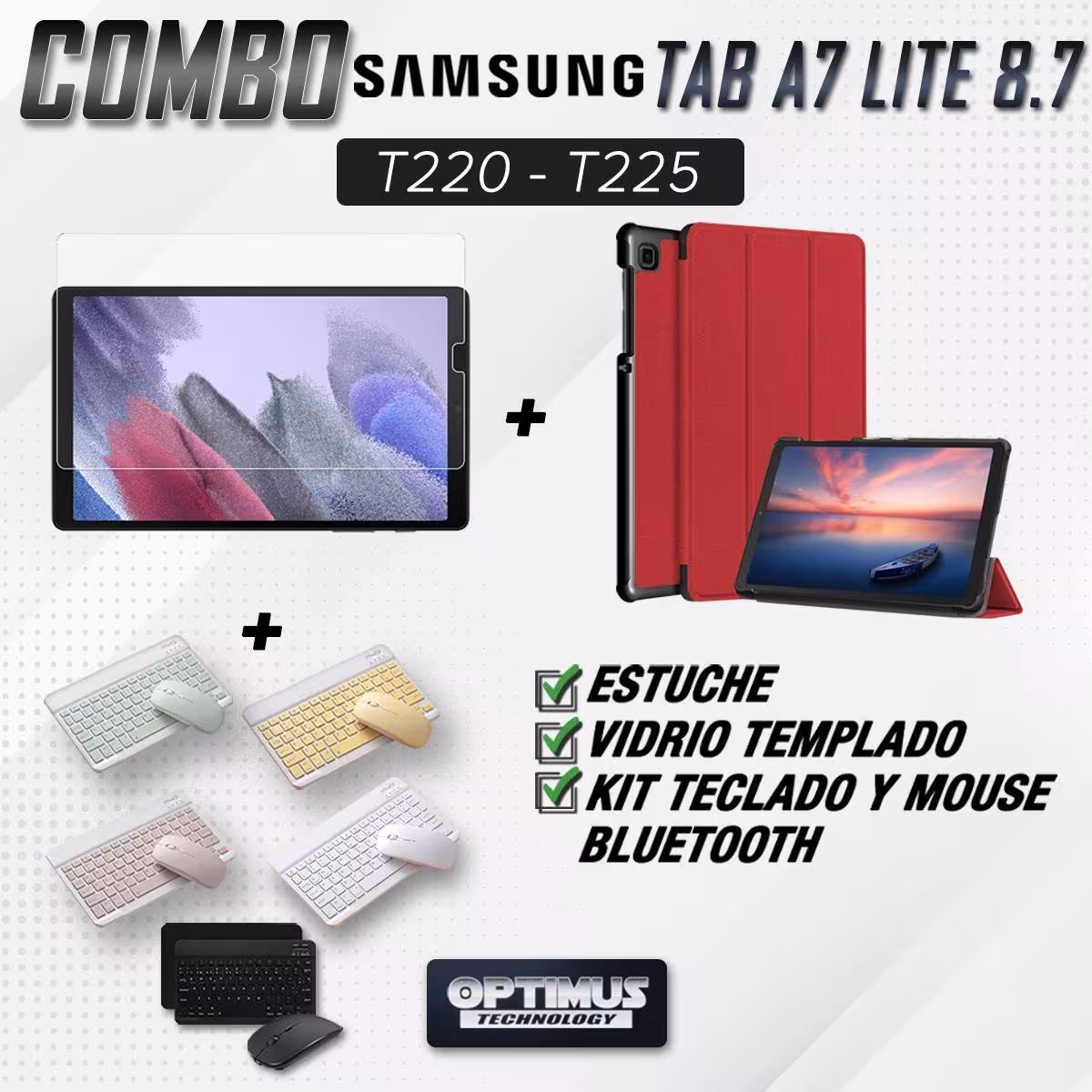 Kit Vidrio templado + Case Protector + Teclado y Mouse Bluetooth Tablet Samsung Galaxy Tab A7 Lite 8.7 2021 T220 - T225 OPTIMUS