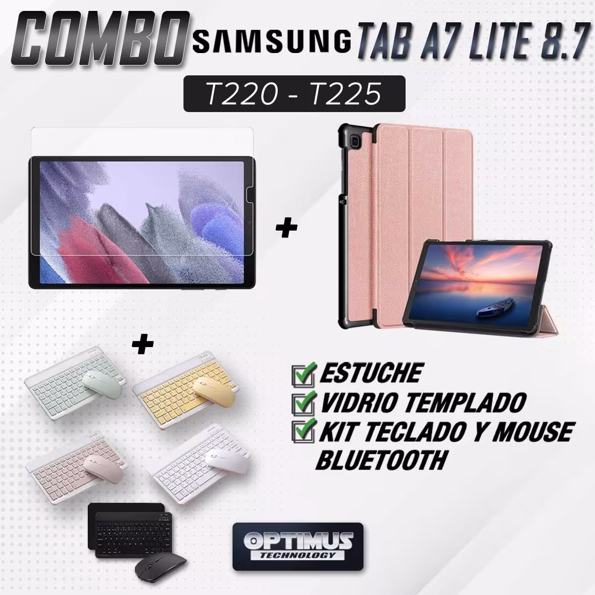 Kit Vidrio templado + Case Protector + Teclado y Mouse Bluetooth Tablet Samsung Galaxy Tab A7 Lite 8.7 2021 T220 - T225 OPTIMUS