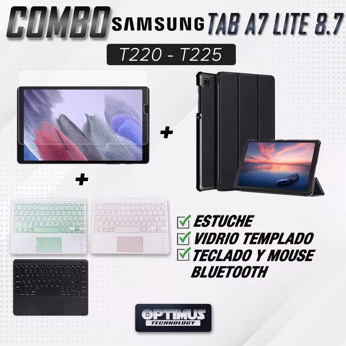 Kit Vidrio + Case Protector + Teclado Touchpad Bluetooth Tablet Samsung Galaxy Tab A7 Lite 8.7 2021 T220 - T225 OPTIMUS TECHNOLO